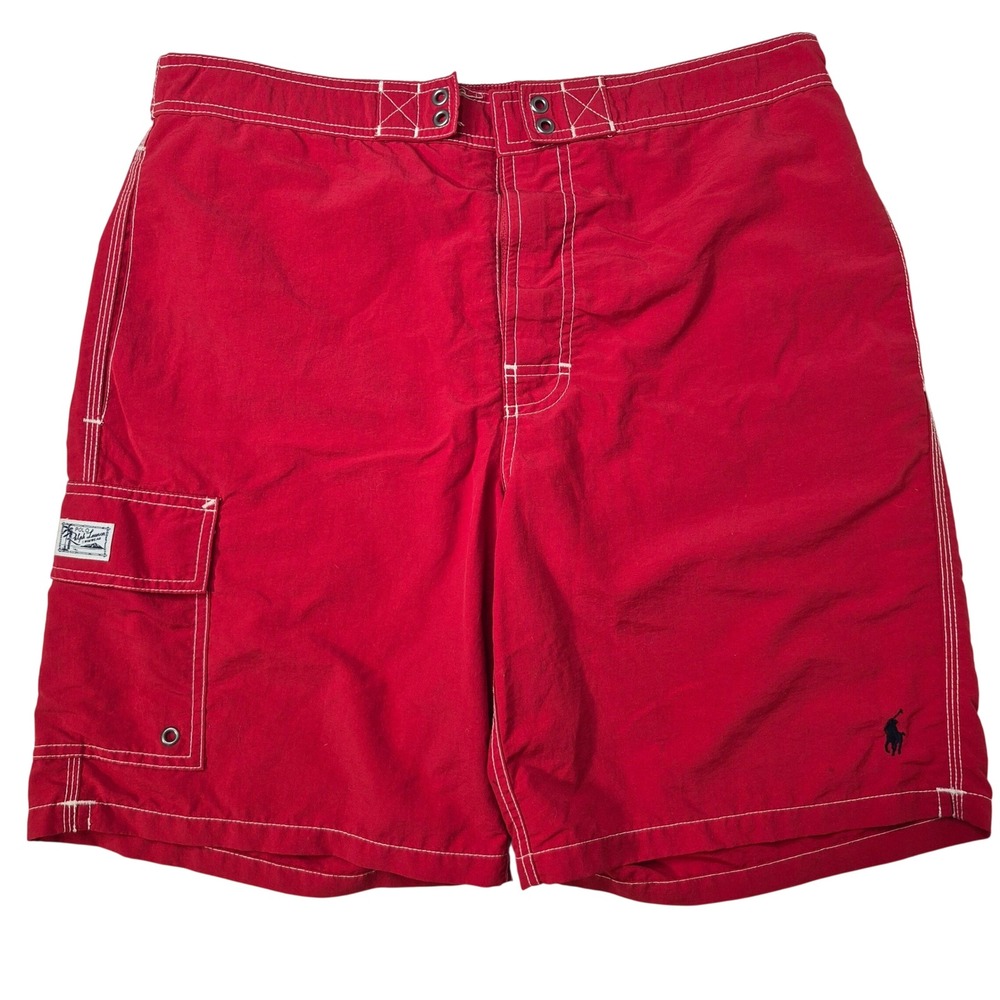 Polo Ralph Lauren Swim Trunks Men Medium Red Cargo Pocket Board Shorts Pony FLAW